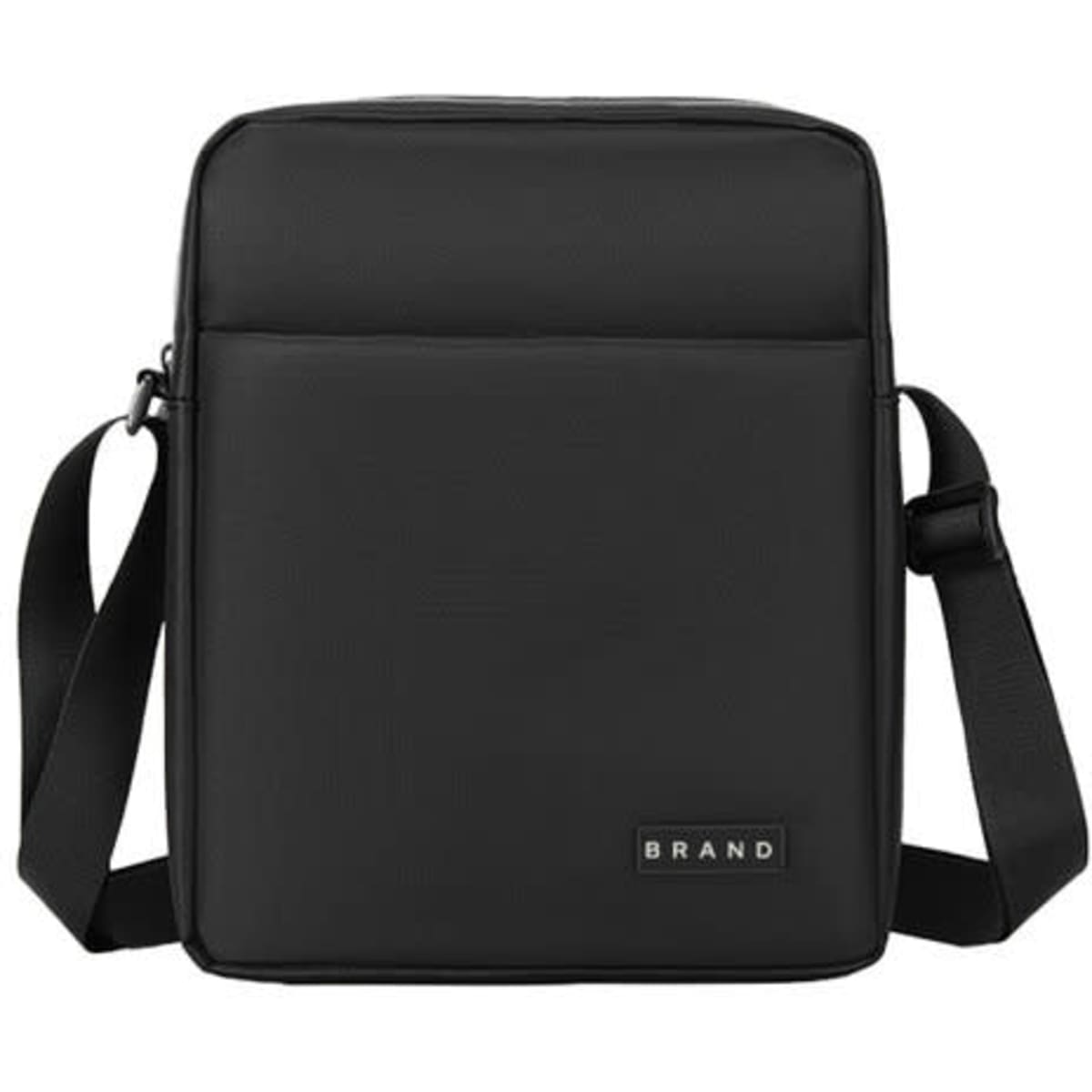 A black men's shoulder bag with a square design and an adjustable strap. Features a logo on the front.