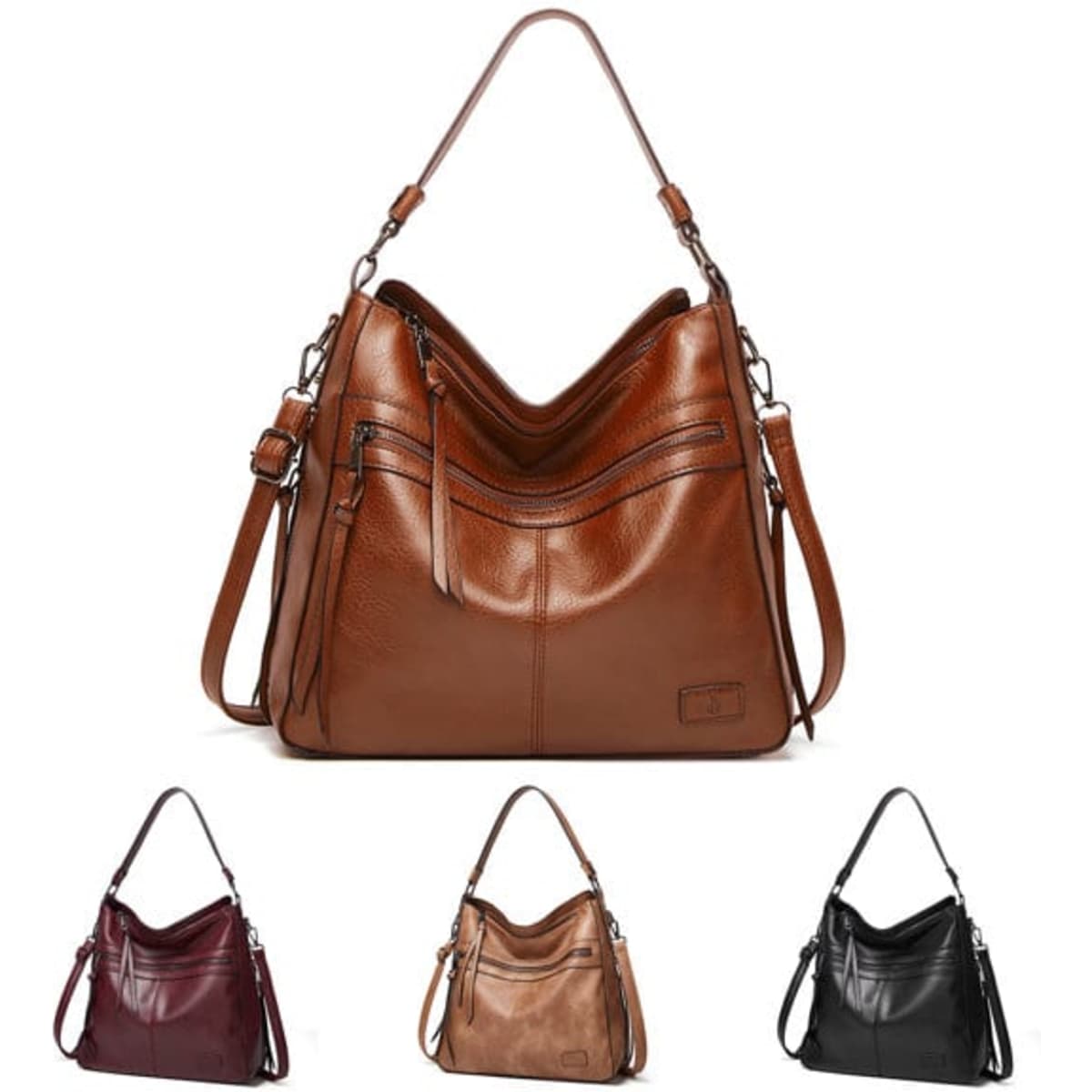 A large PU leather shoulder bag in brown, with multiple zippered pockets and a detachable strap. Available in black, tan, and burgundy.