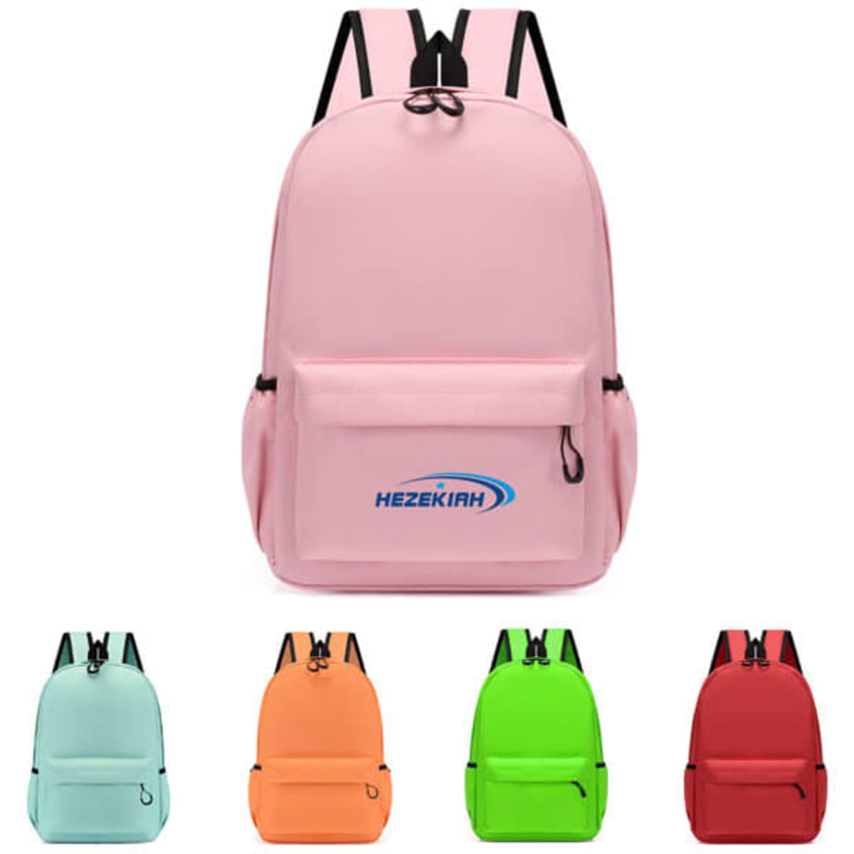A solid colour children's backpack in pink, with additional backpacks displayed in mint green, orange, green, and red.