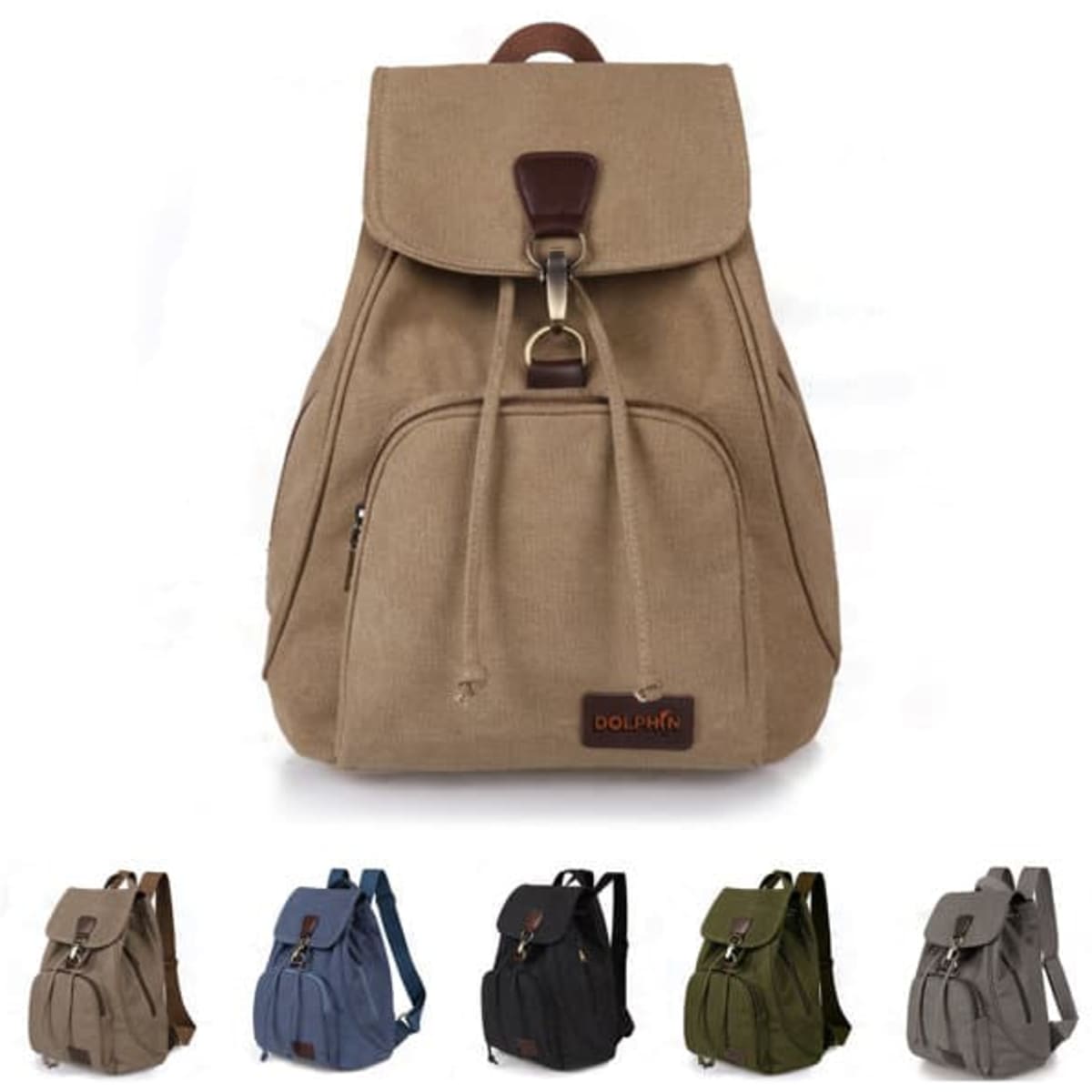 A tan drawstring backpack with a flap closure, featuring a logo and available in grey, blue, black, and green.