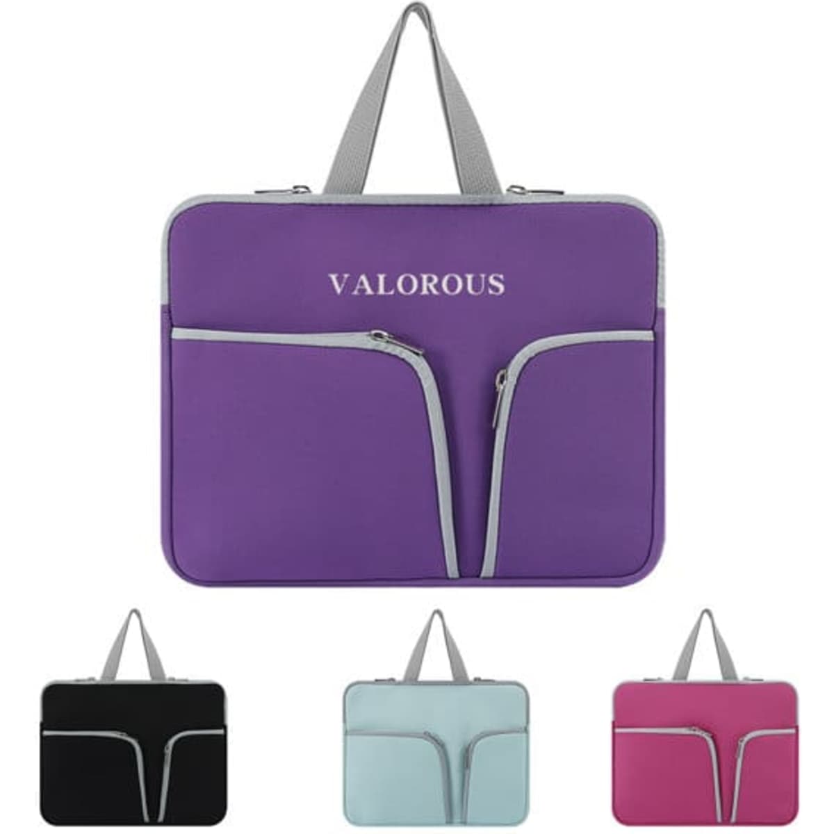 A custom laptop sleeve in purple with grey accents and two front pockets, also available in black, light blue, and pink.