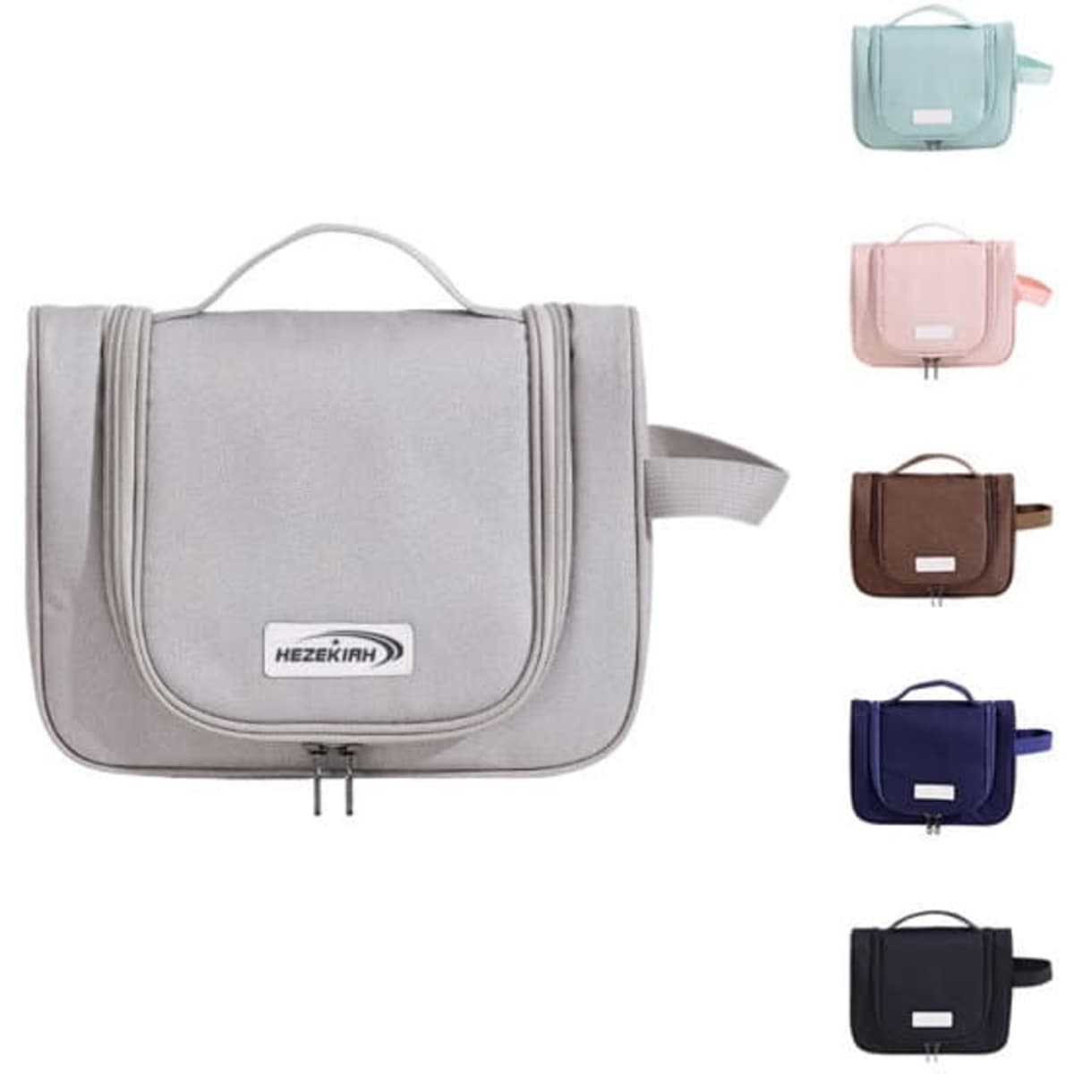 A portable hanging travel toiletry bag in grey, featuring multiple compartments and a logo, with colour options displayed.