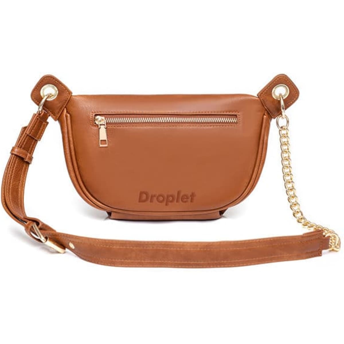 A tan PU crossbody bag for women with a zippered pocket and a detachable chain strap. It features a logo.