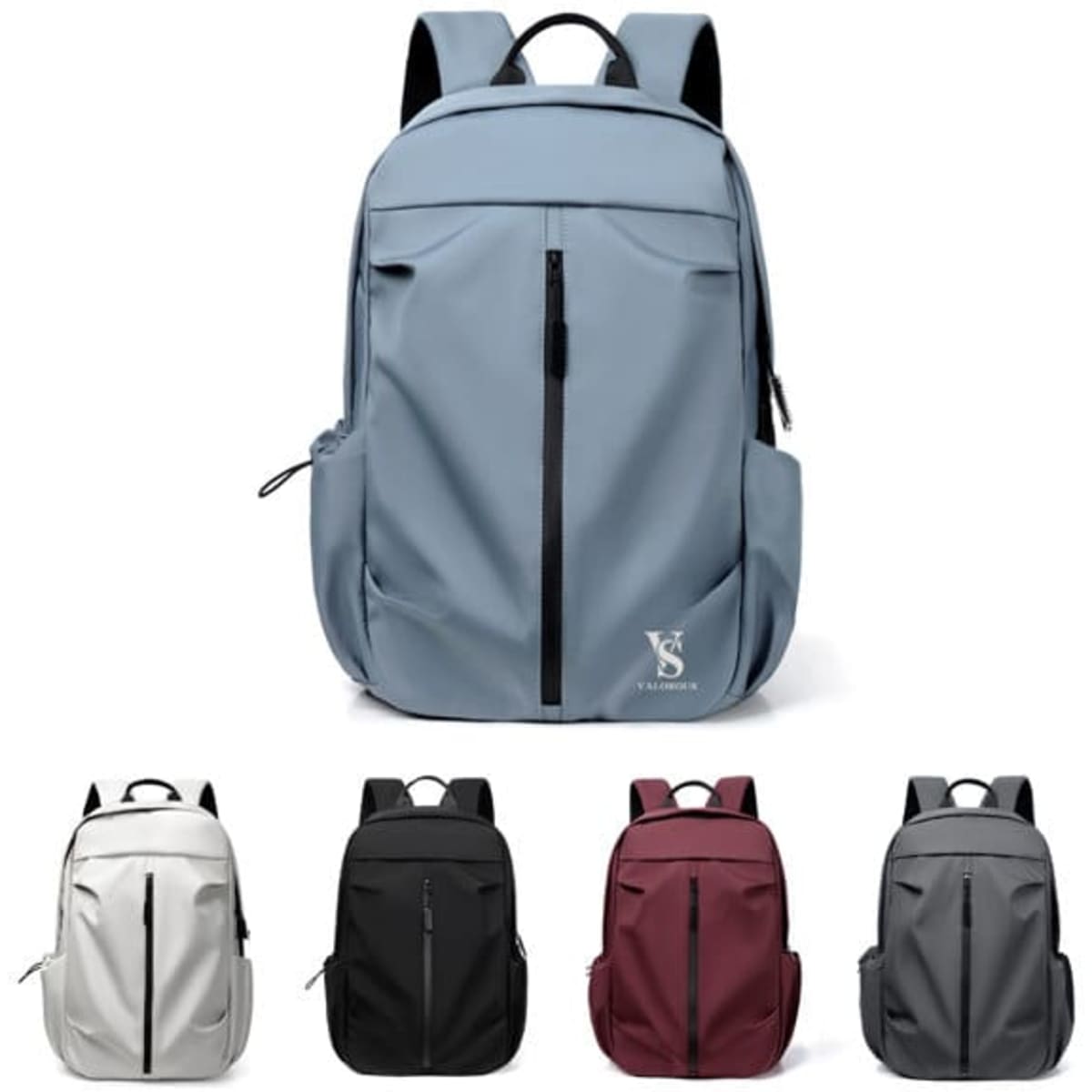 A laptop backpack in blue with a front zip pocket, featuring a logo, and available in grey, black, and burgundy options.