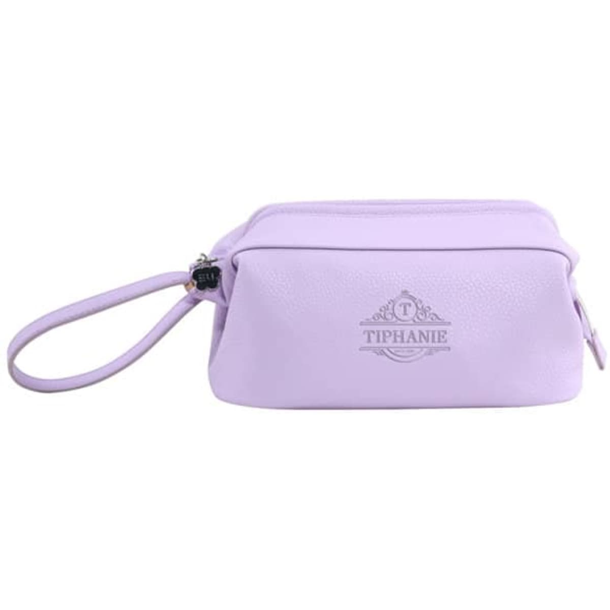A large capacity toiletry bag in lavender with a wrist strap and a logo. Ideal for organising personal items.