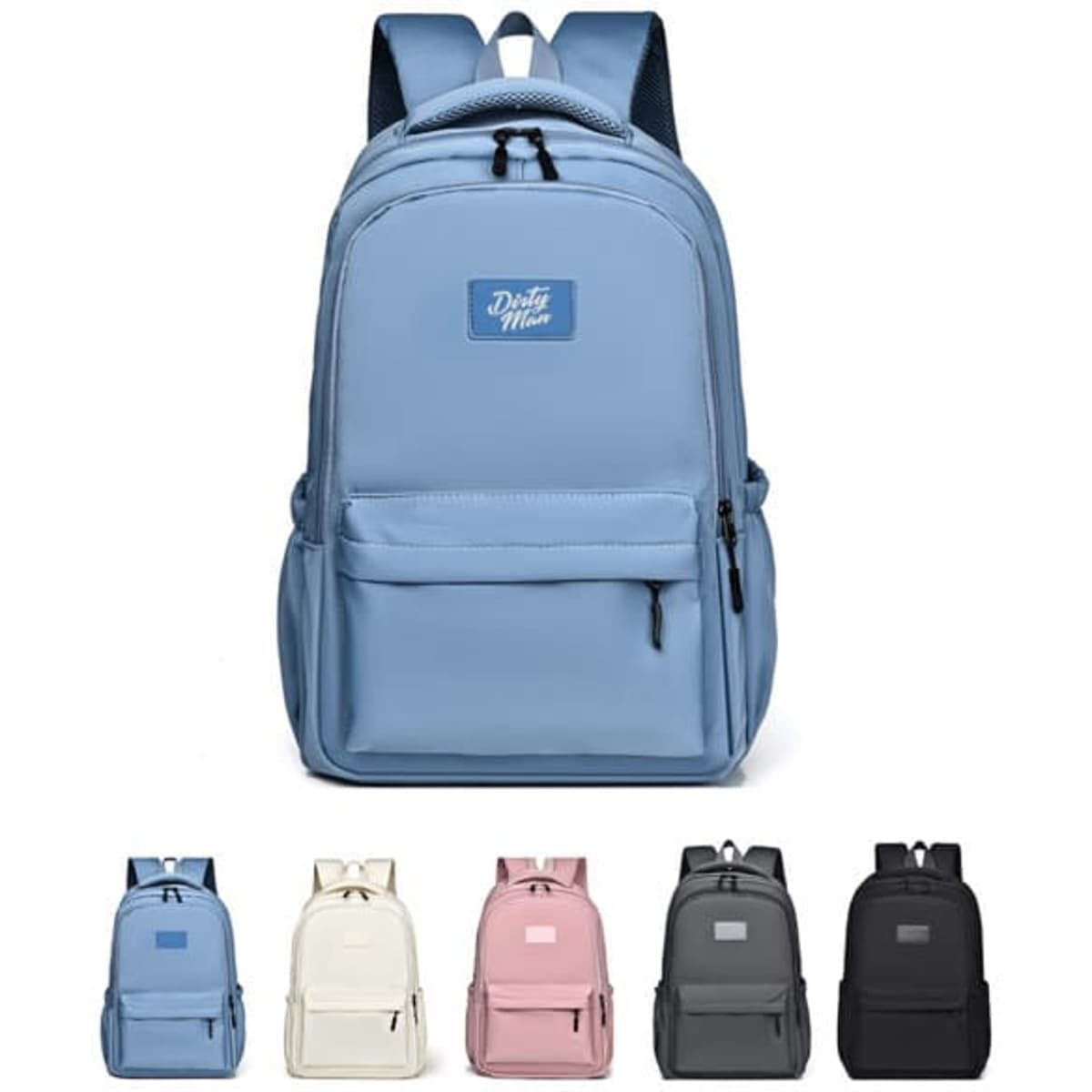 A large capacity travel backpack in blue, featuring multiple compartments and adjustable straps, with four additional colour options.