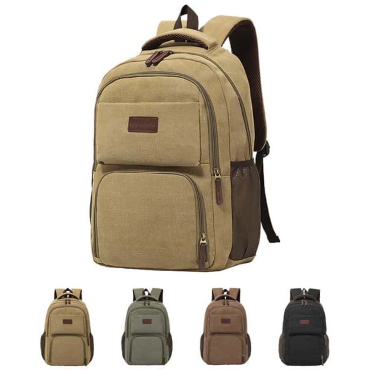 A vintage canvas backpack in tan, with brown accents, featuring multiple compartments and a branding logo.