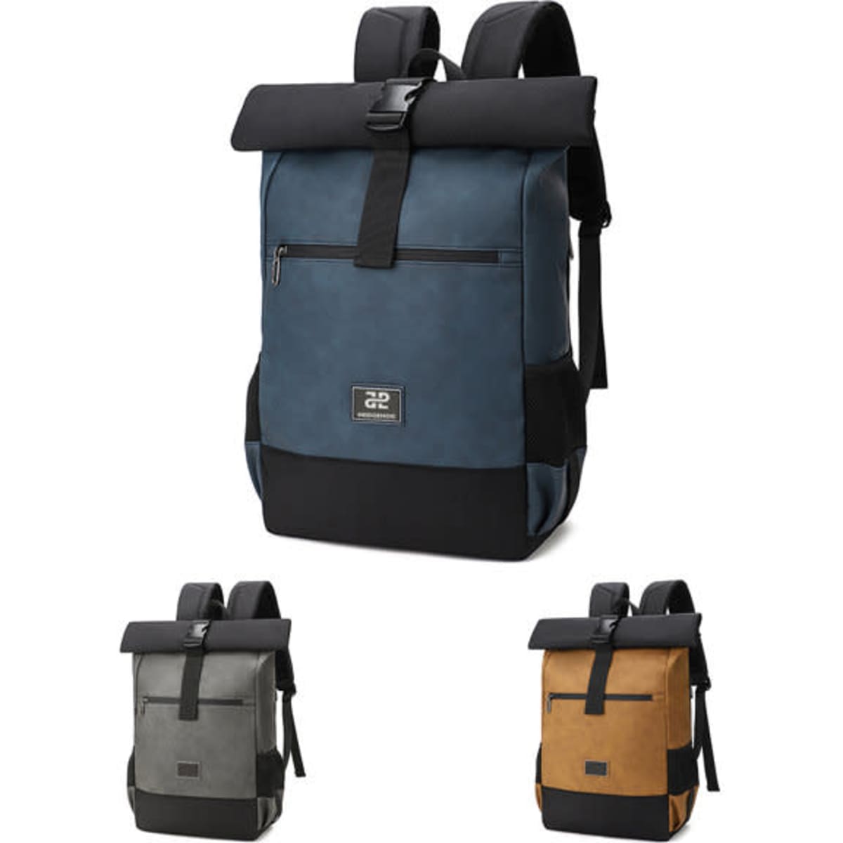 A blue expandable roll top backpack with black accents, alongside grey and brown versions, each featuring a logo.
