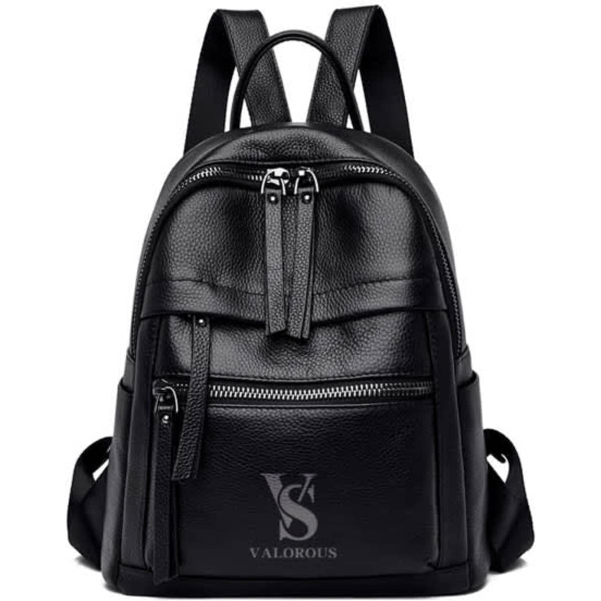 A black genuine leather backpack featuring multiple zippered compartments and a logo on the front.