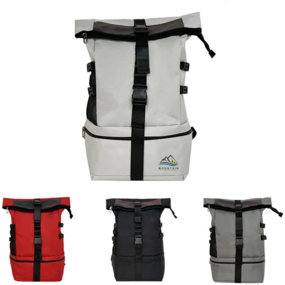 A large capacity roll top backpack in red, black, grey, and white, featuring adjustable straps and a logo.