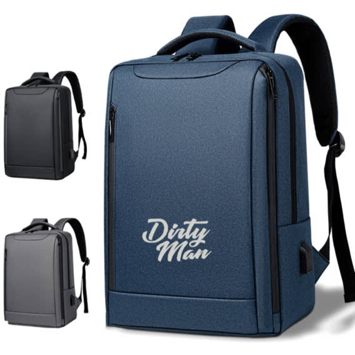 A waterproof laptop backpack in navy blue, featuring multiple compartments and a logo. Two additional backpacks in black.
