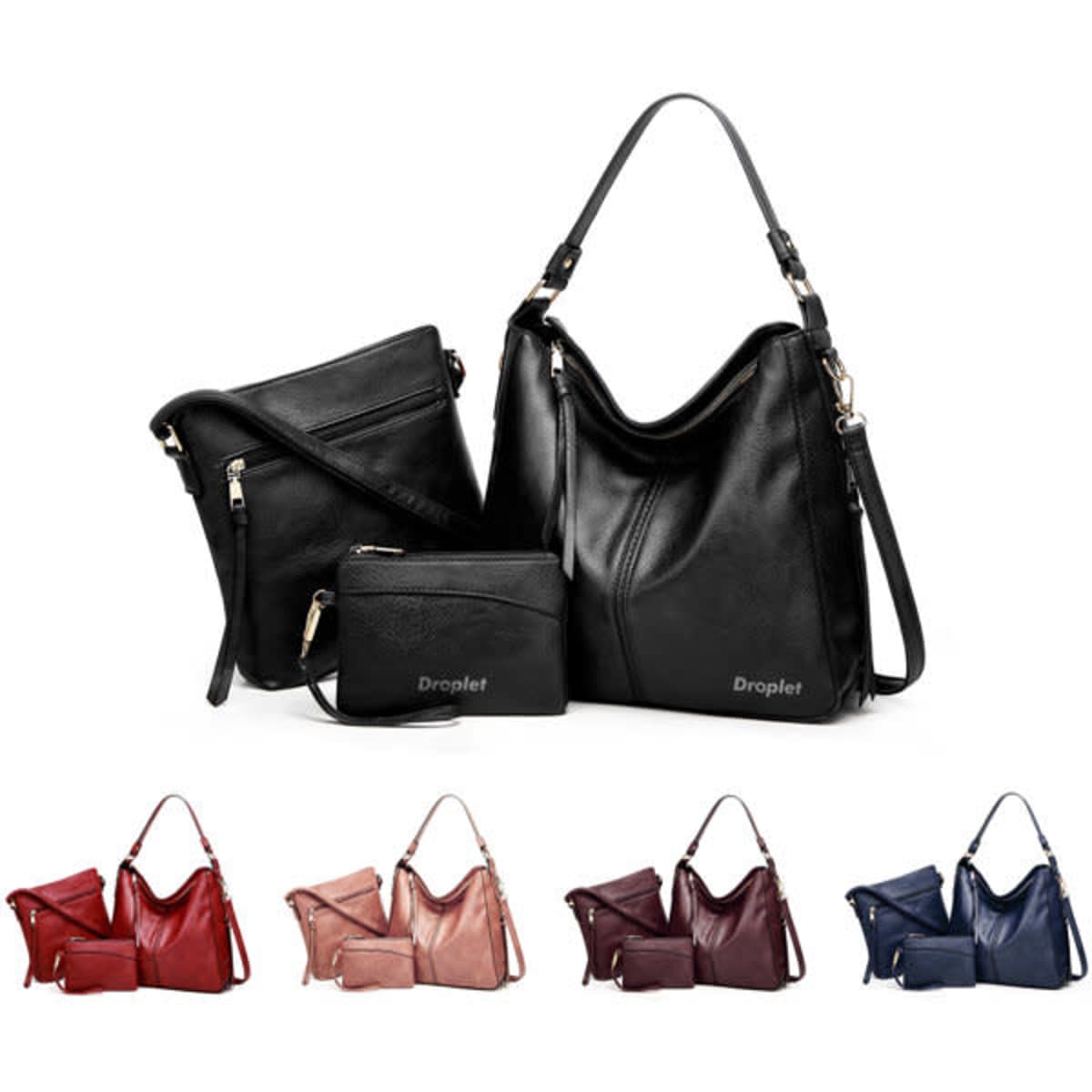 A set of three PU leather tote bags in black, red, and navy, featuring a logo and various sizes.