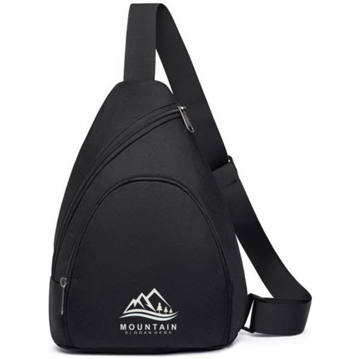 A black sling chest bag with a triangular shape and a logo featuring mountains. It has multiple zippered compartments.