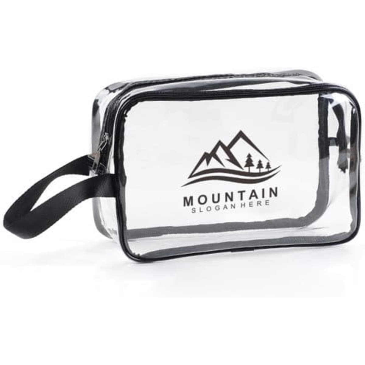 A clear PVC makeup bag with a black zip and handle, featuring a logo with mountains.