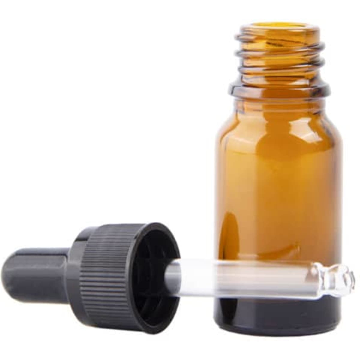 An amber glass dropper bottle with a black lid, featuring a clear glass dropper attached.