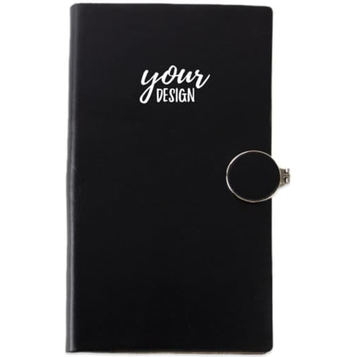 A6 pocket notebook in black with a magnetic lock and a circular clasp, featuring a branding logo.