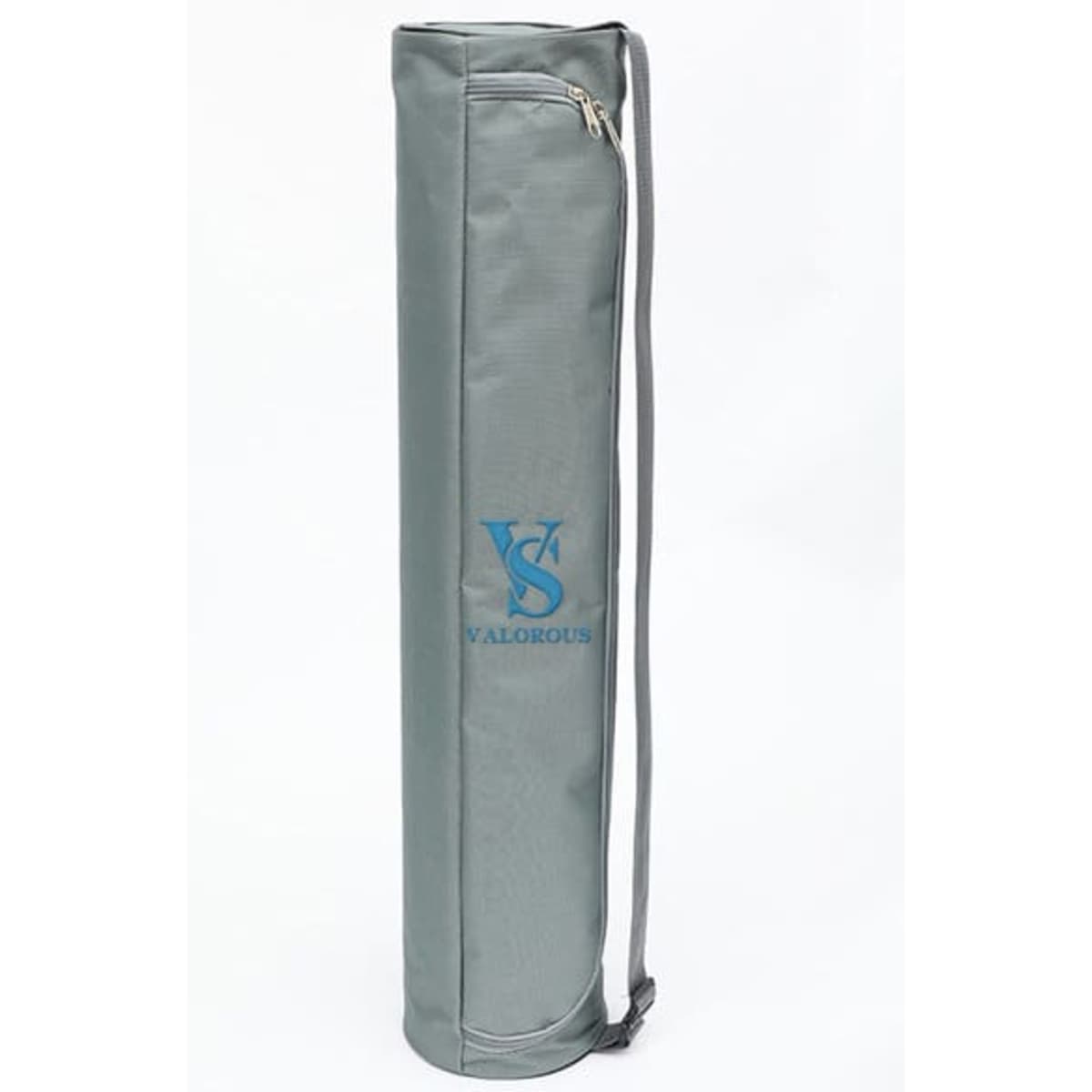 A grey yoga mat storage bag with a zipper and a carry strap, featuring a logo.