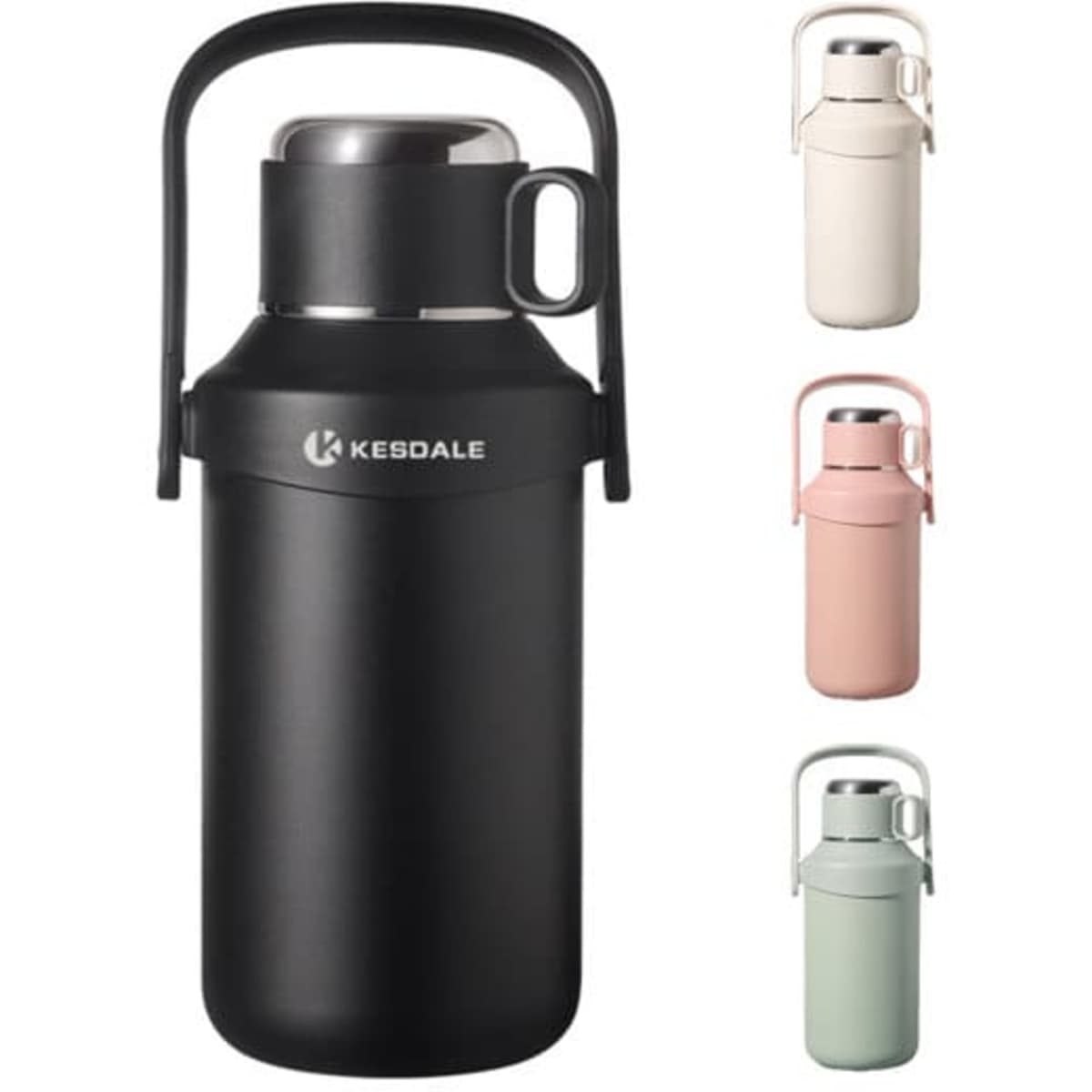 A drink bottle featuring a black, large-capacity thermos flask with a handle and a logo, alongside pastel-coloured variations.