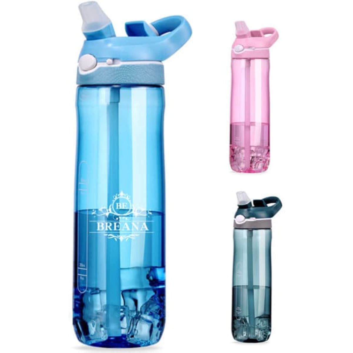 A drink bottle in blue with a straw and flip-top lid, alongside pink and dark blue variations. It features a logo.