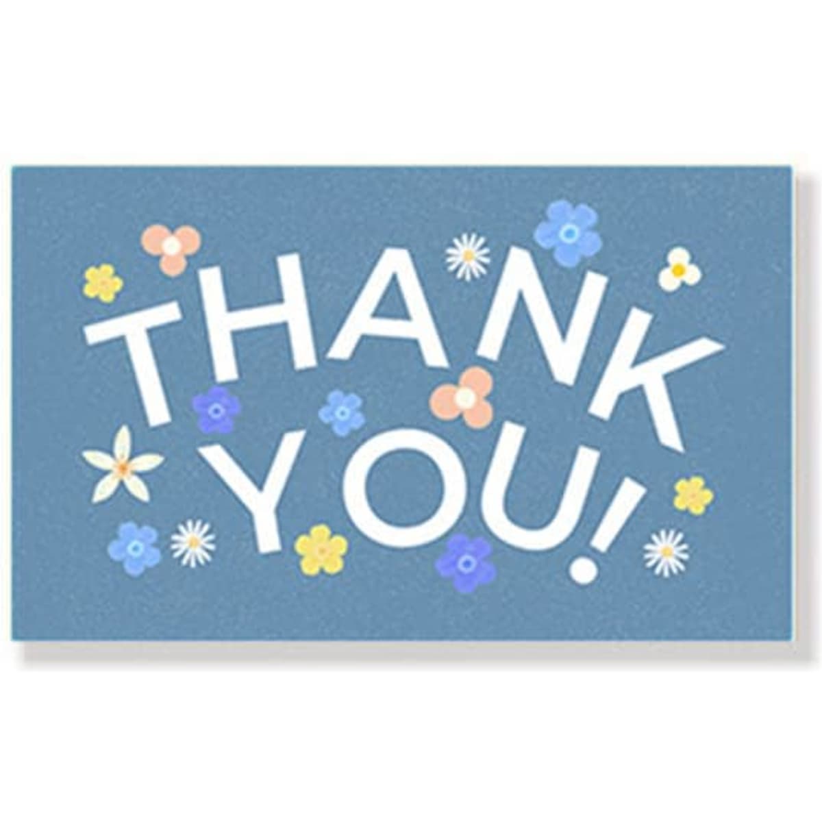 A custom paper card featuring a blue background with floral designs and bold white text saying "THANK YOU!"