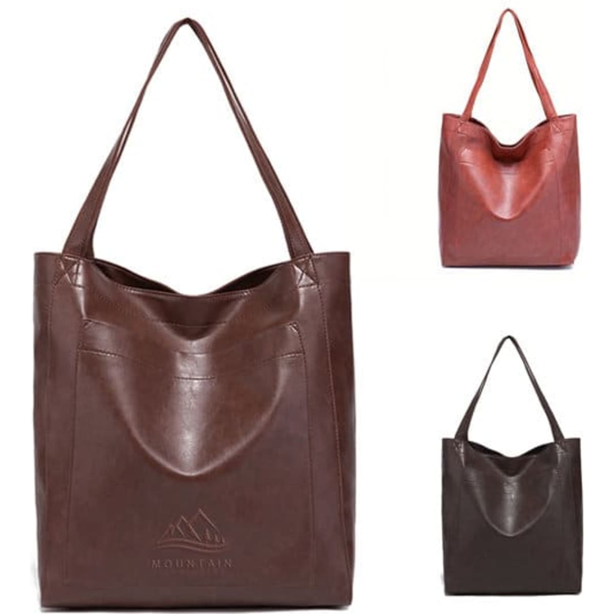 A soft PU leather handbag in brown, red, and dark brown, featuring long handles and a subtle logo design.
