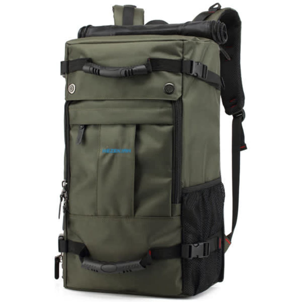 A waterproof large capacity outdoor backpack in olive green, featuring multiple pockets and a side mesh pouch.