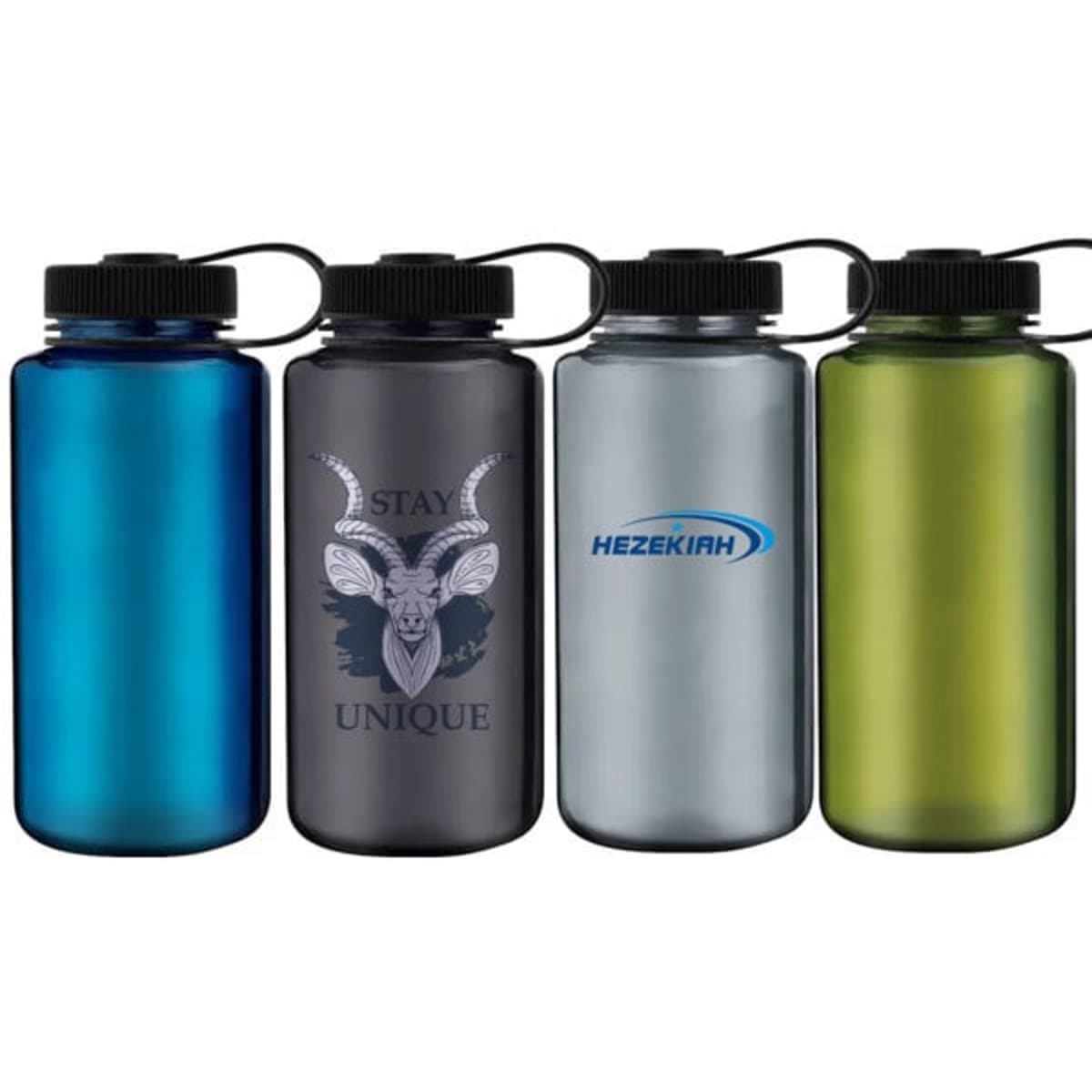 A drink bottle set featuring four wide mouth bottles in blue, grey, silver, and green, each with a handle and logo.