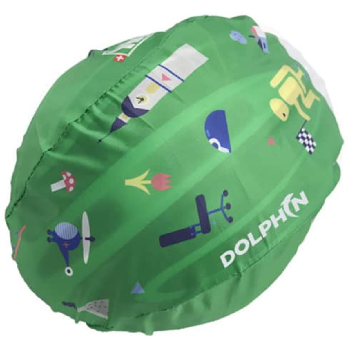 A green waterproof helmet cover featuring various colourful illustrations and a logo. Ideal for outdoor activities.