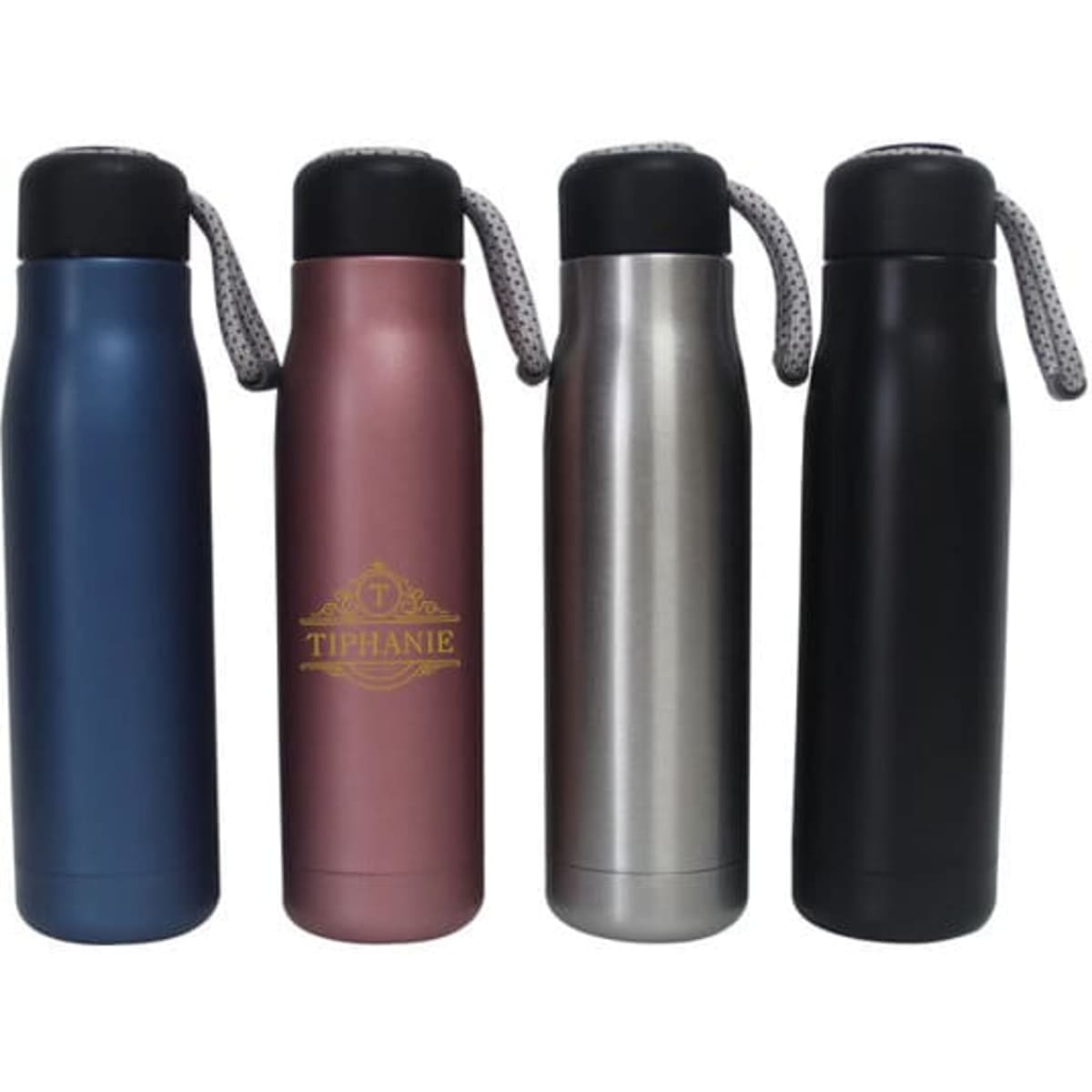 A drink bottle featuring four designs: blue, rose, stainless steel, and black, with a logo on the rose bottle.