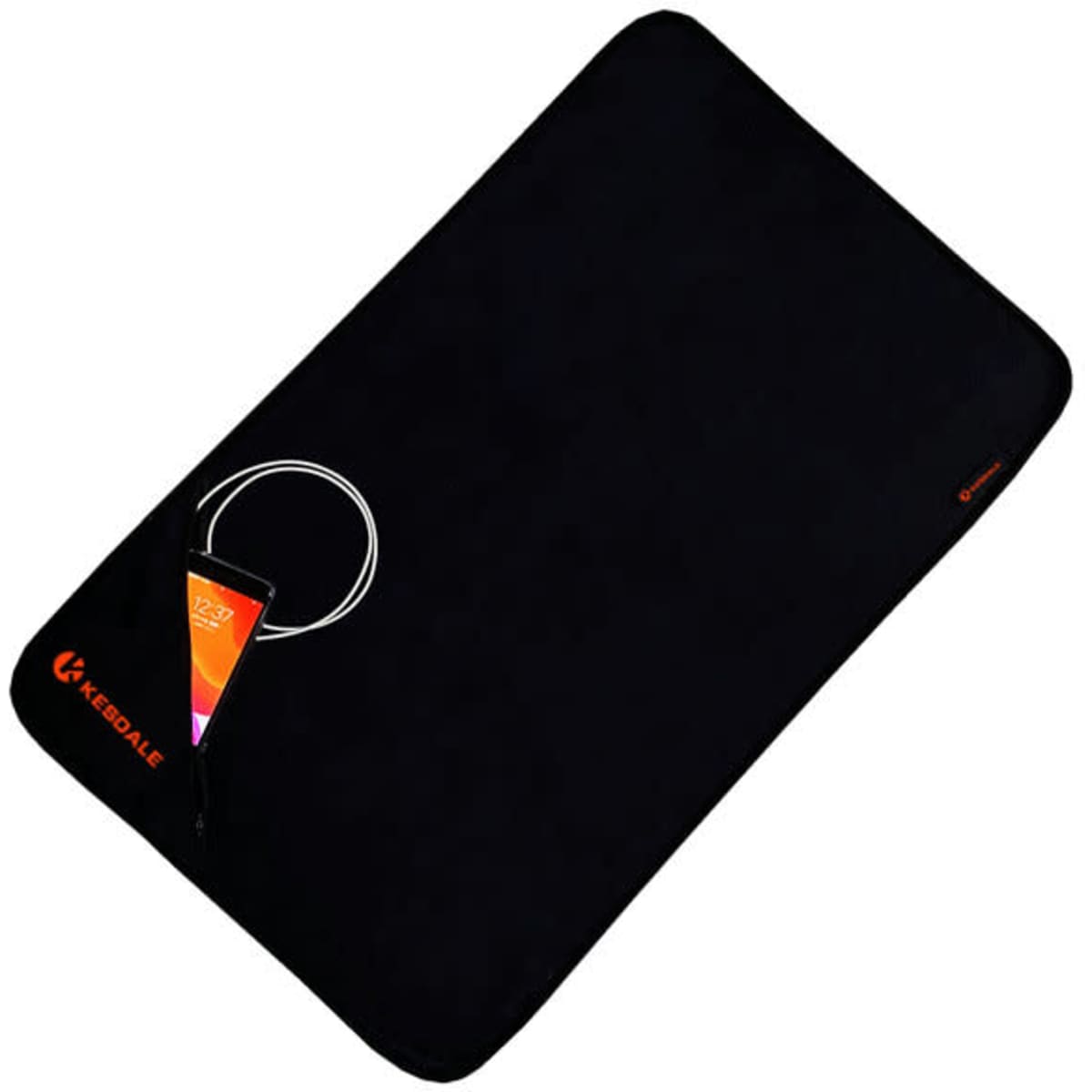 A black microfiber sports towel featuring a zipper pocket, with a phone partially visible inside the pocket.