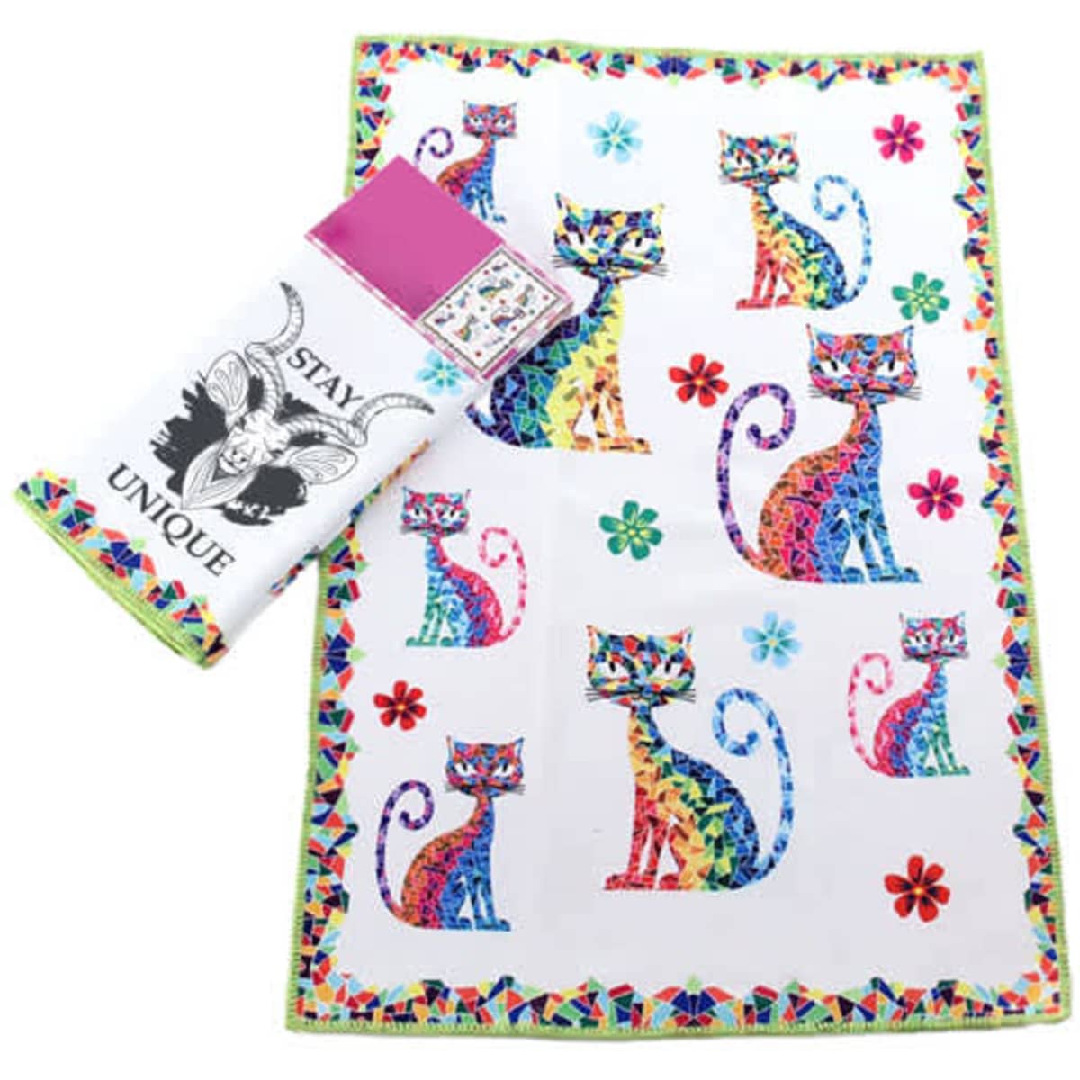 A polyester printed kitchen towel featuring colourful cat designs and floral accents, with a matching packaging.