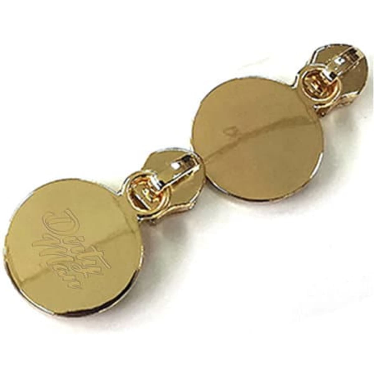 A gold Zinc Alloy Round Zipper Puller featuring two circular attachments and a logo. Ideal for clothing accessories.