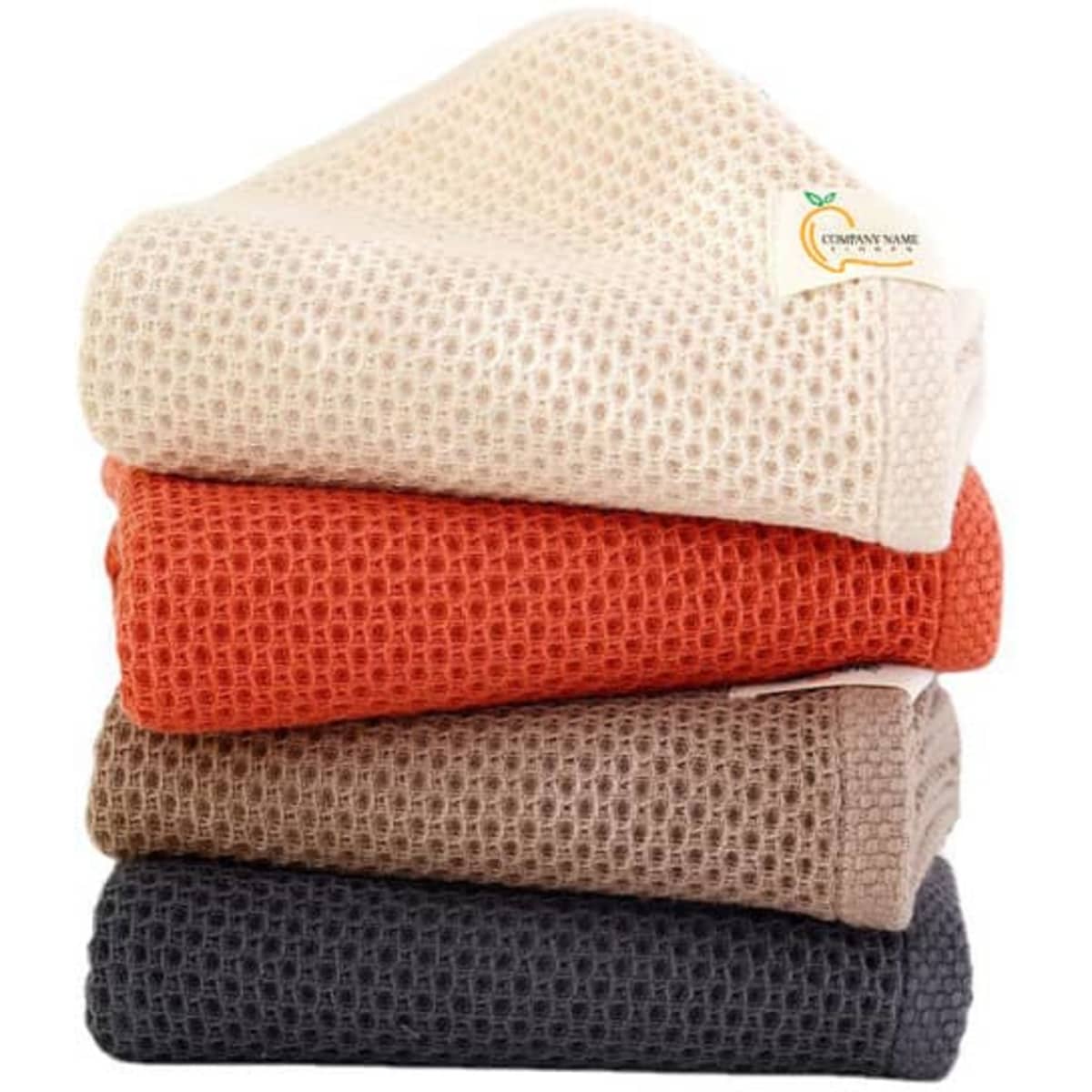 Four textured face towels stacked, in cream, burnt orange, taupe, and charcoal colours, featuring a logo on one towel.