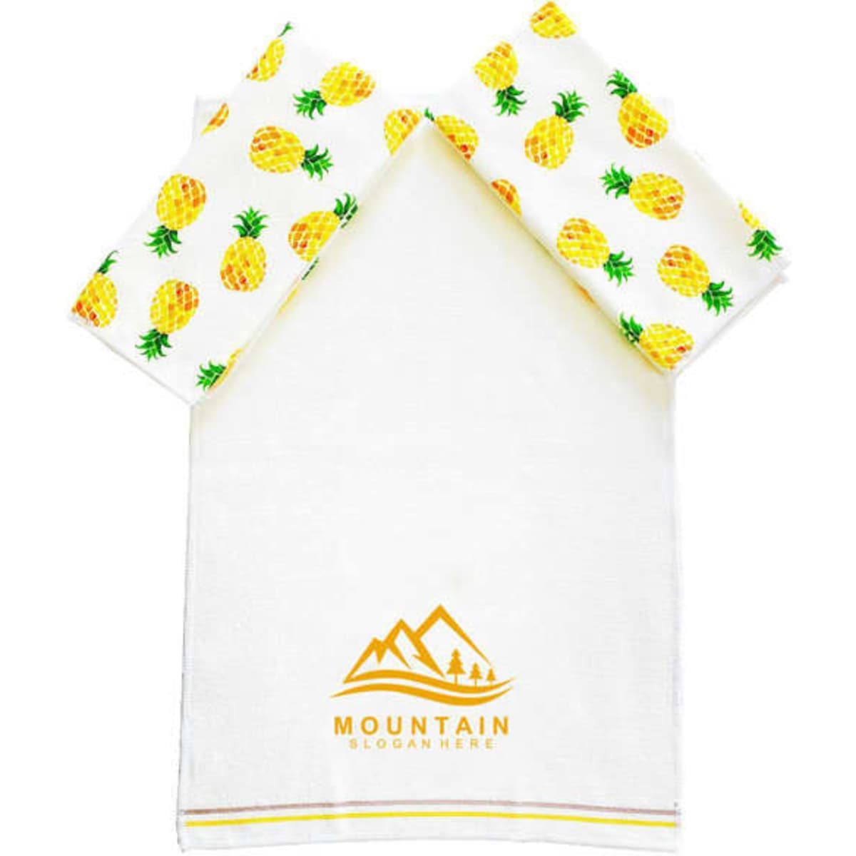 A white dish towel featuring yellow pineapples and a logo. The design adds a vibrant touch to home decor.