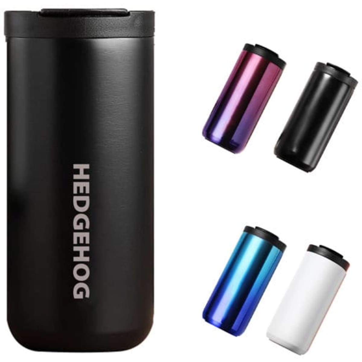 A travel mug featuring a sleek black design and available in purple, black, blue, and white colours with a logo.