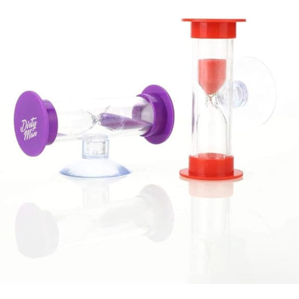 A sand timer featuring purple and red ends, with a clear body showcasing sand in motion. Includes branding.