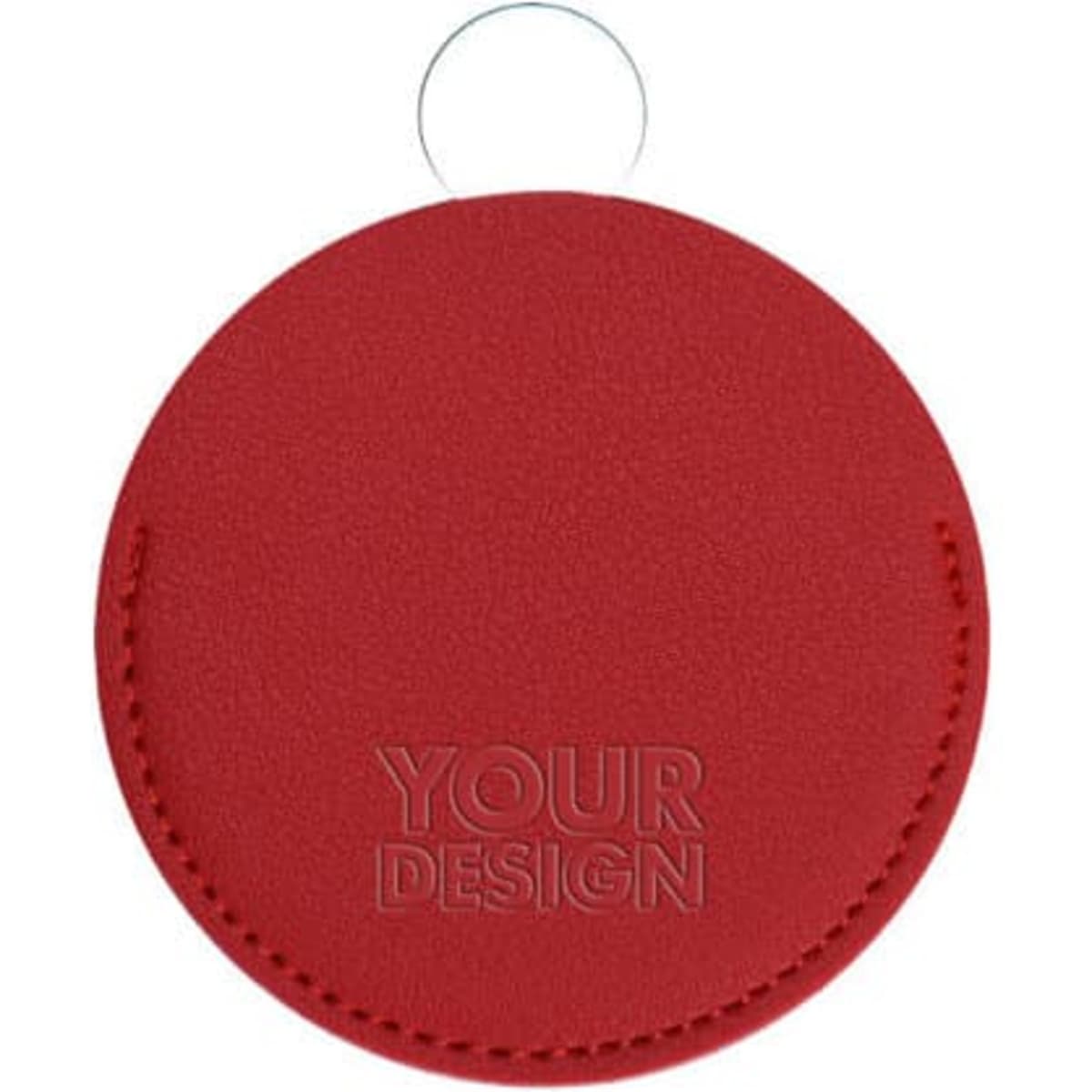 A round cosmetic mirror with a red PU leather cover, featuring a keyring and a logo or branding.