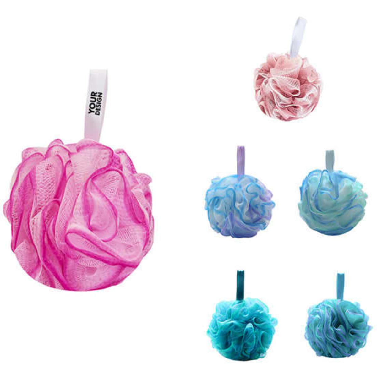 A collection of large shower balls in pink, blue, and turquoise, featuring a hanging loop for convenience.