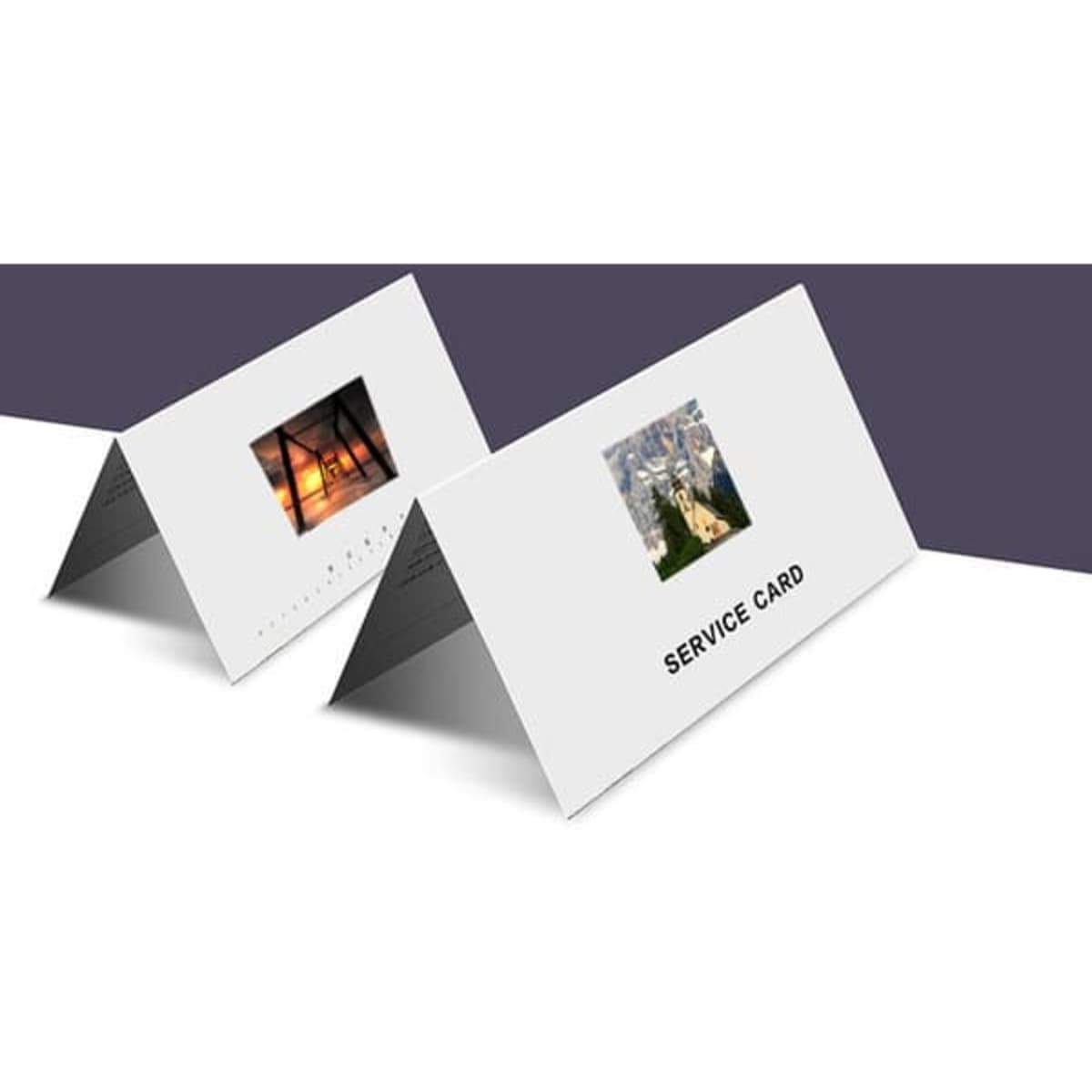 A folded card in white featuring two images on each side, with a logo or branding present.