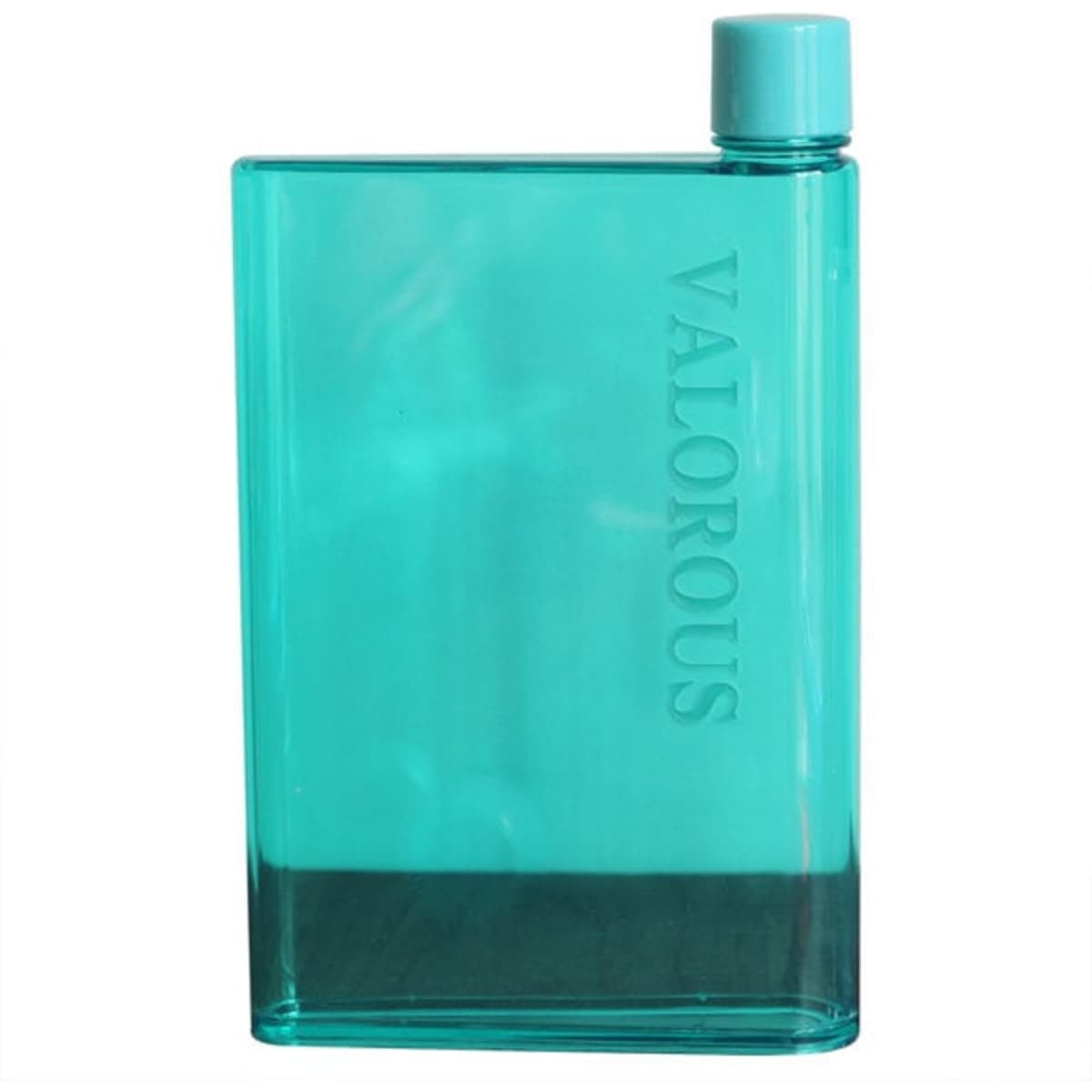 A drink bottle in a translucent turquoise colour with a round lid and a logo on the side.