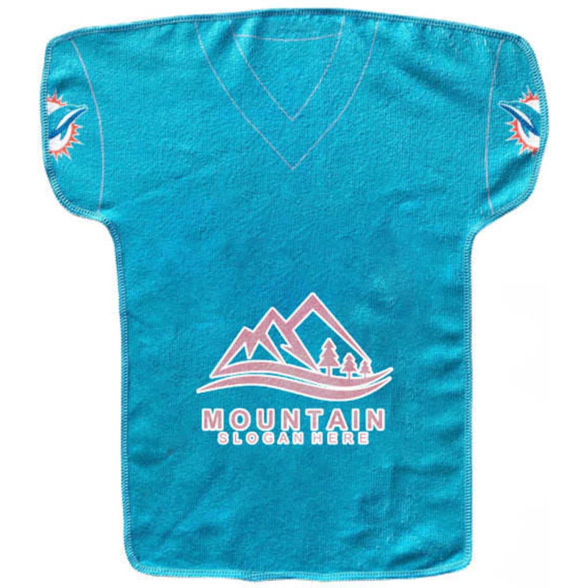 A turquoise microfiber towel shaped like a jersey, featuring a logo and mountain design.