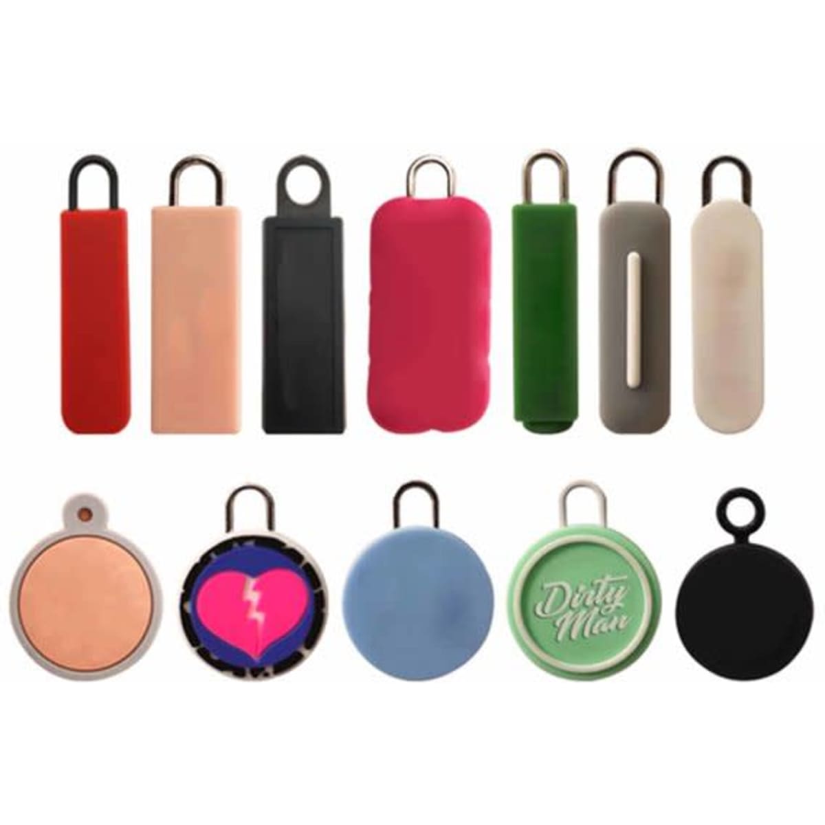 A collection of custom replaceable PVC zipper pullers in various colours, featuring different shapes and designs.