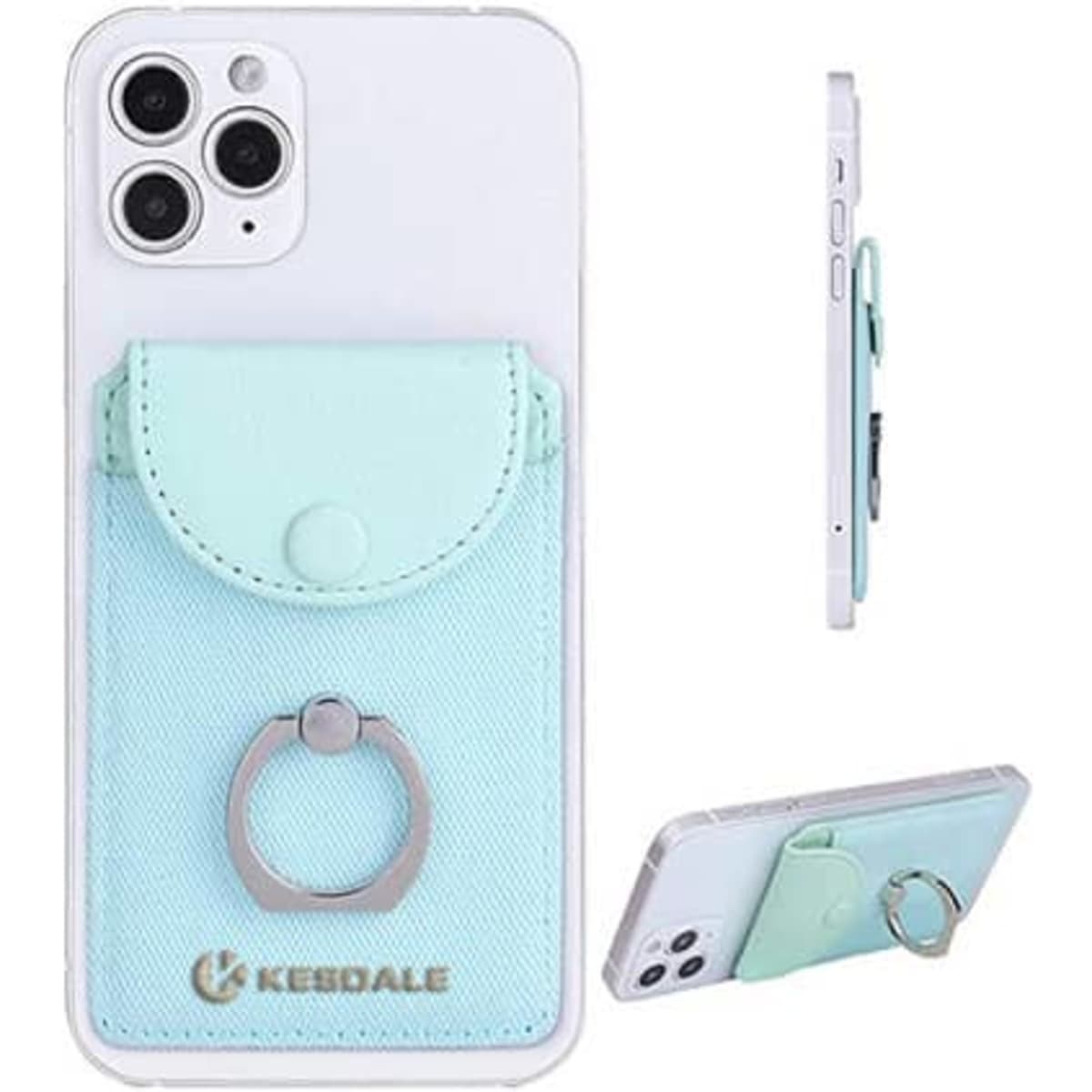 A mint green phone credit card holder with a ring, designed to attach to a phone case. Features a logo.