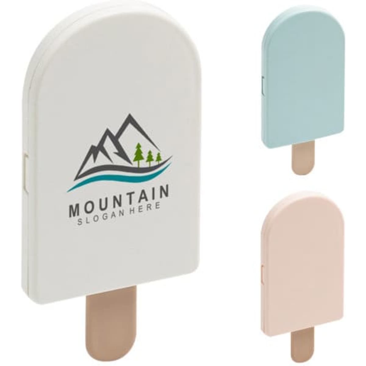 A foldable hand mirror with a comb in blue, pink, and cream, featuring a logo on the front.