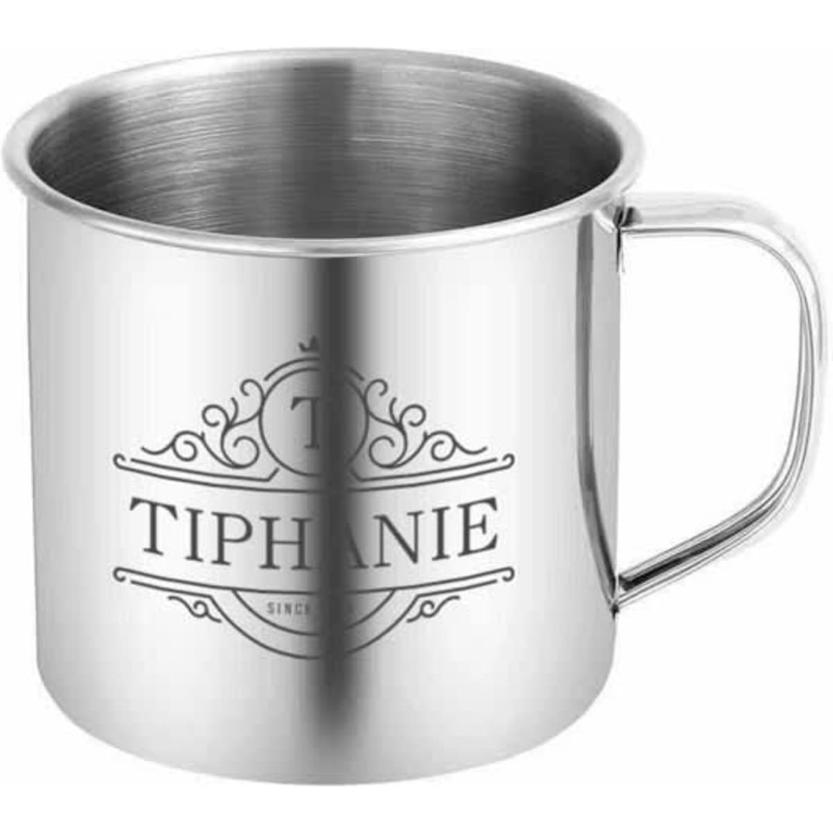 A stainless steel camping mug with a shiny finish and a decorative logo design.