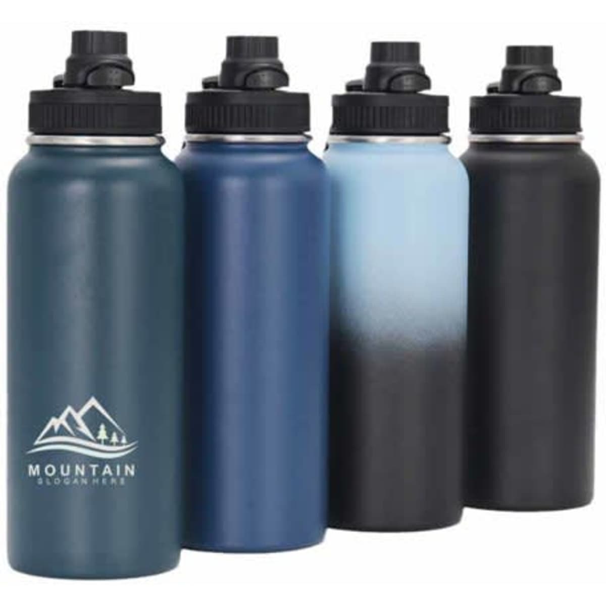 A drink bottle set featuring four insulated options in dark blue, light blue gradient, and black, each with a logo.