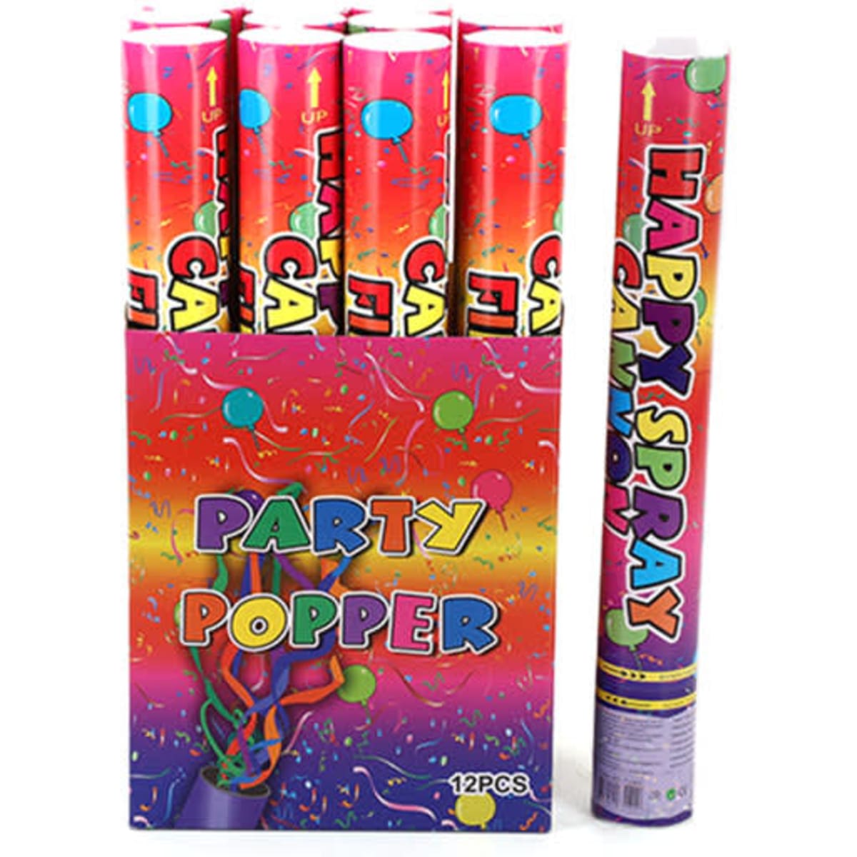 A box of colourful party confetti poppers, featuring vibrant pink and green designs. Seven poppers are visible, with one outside the box.