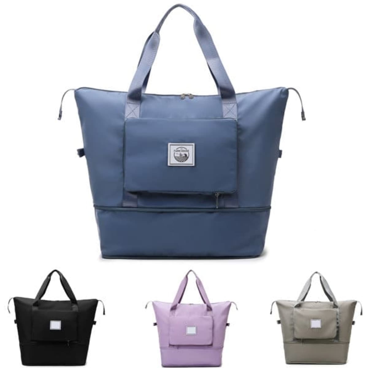 A large capacity folding travel bag in blue, featuring a front pocket and sturdy handles, with additional black, lavender, and beige options.