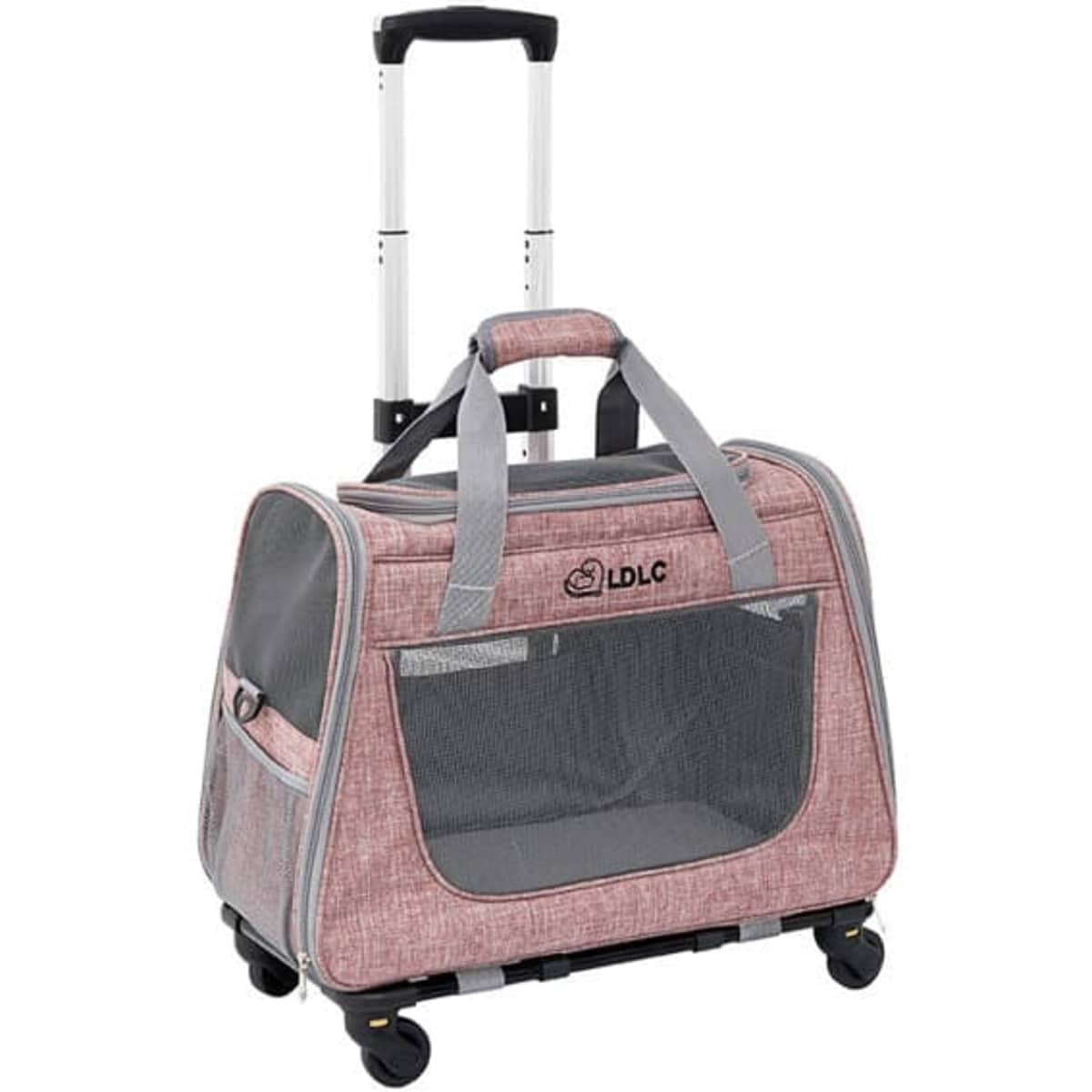 A wheeled pet carrier backpack in grey and pink, featuring mesh panels and a retractable handle. It has a logo on the front.