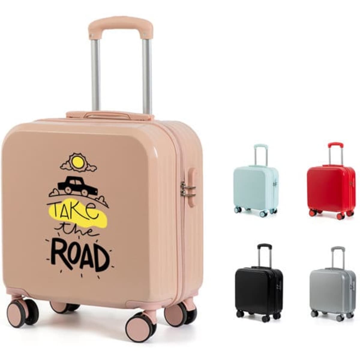 A pink 18-inch carry-on luggage with a graphic design, alongside red, black, mint, and grey versions. Features a logo.